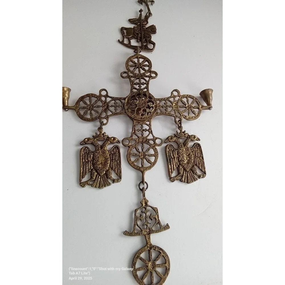 Vintage Ornate Metal Cross Wall Hanging Candlestick‎ Holder Religious Decor
